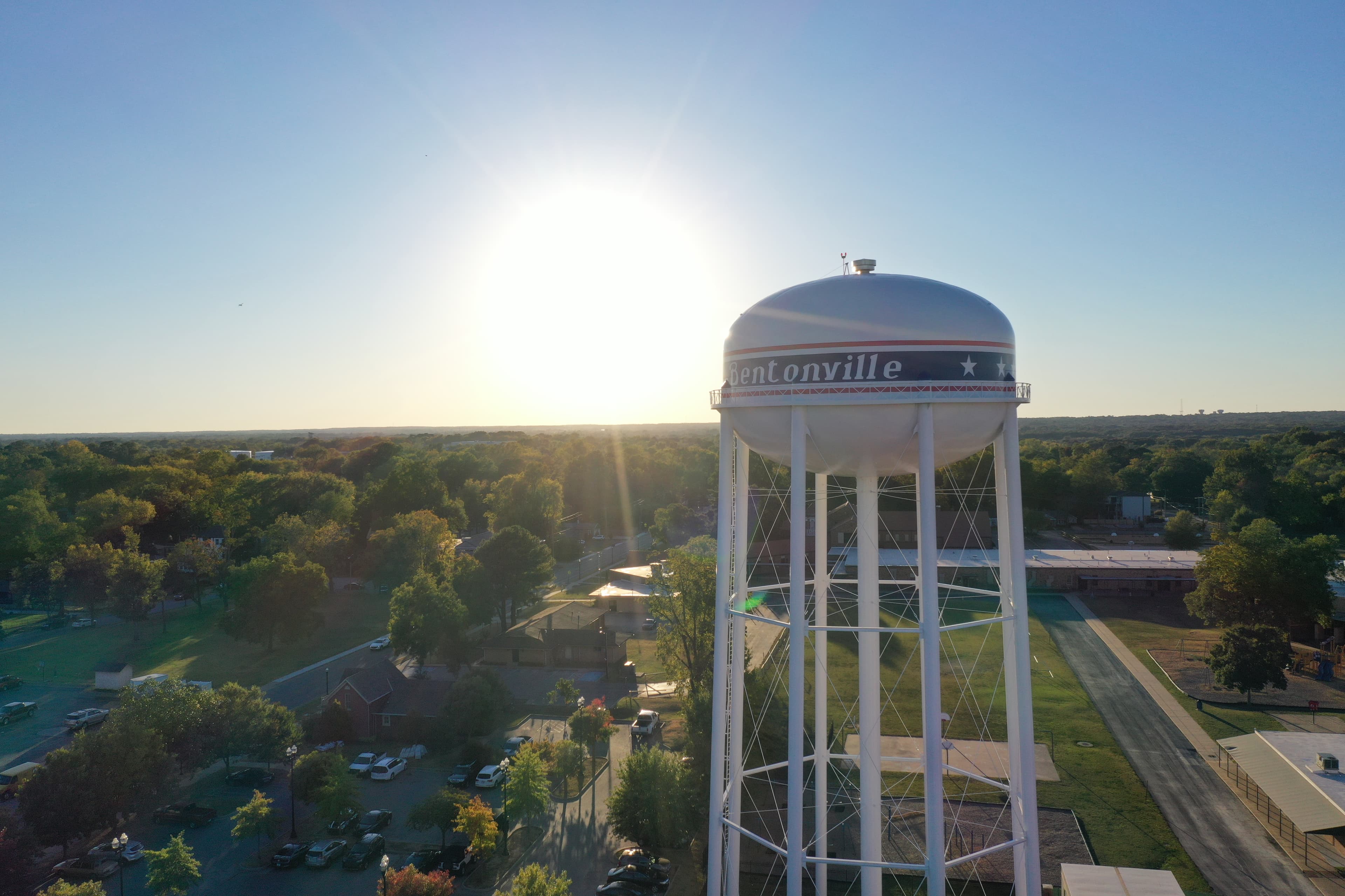 Bentonville water tower at sunset